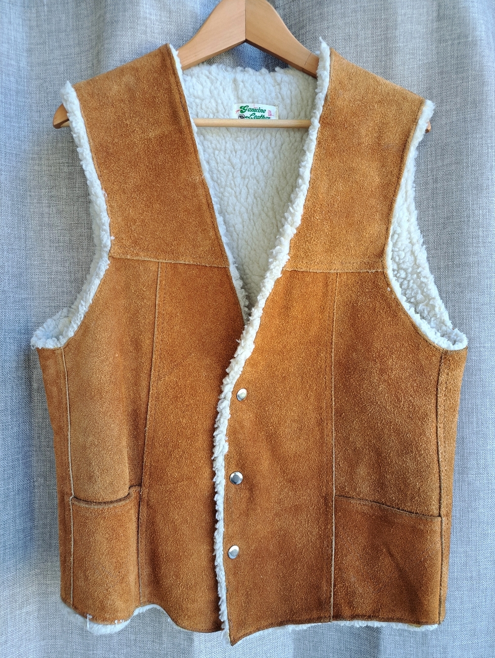 Vintage Genuine Leather Made In Mexico Sherpa Lined Rancher Vest Tan Suede Men M